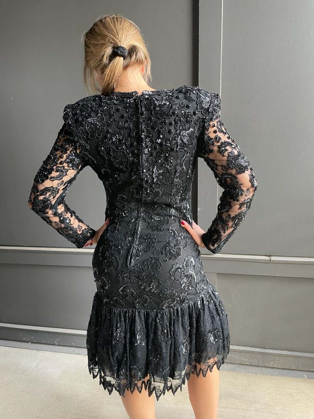 VTG 80s Judith Ann Creations Bead & Sequin Black Drop Waist Cocktail Dress Sz Sm - Picture 2 of 13